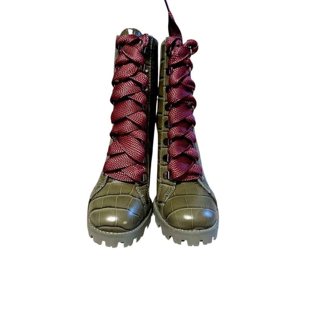 Schutz Olive Green Croc-Embossed Lace-Up Block Heel Boots W/ Burgundy Laces - 5